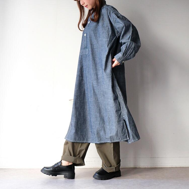 ARMEN アーメン　コットン　ヘリンボーン　サロペット　黒　春秋　フリー ARMEN（アーメン） ARMEN NAVY (INDIGO) CHAMBRAY WORK GATHERED DRESS