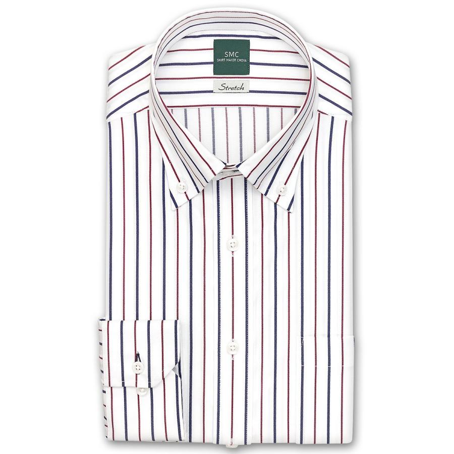 ワイシャツ Yシャツ メンズ 長袖 | SMC | Stretch 形態安定加工 吸水速乾 トリコロールカラーストライプ ボタンダウンシャツ