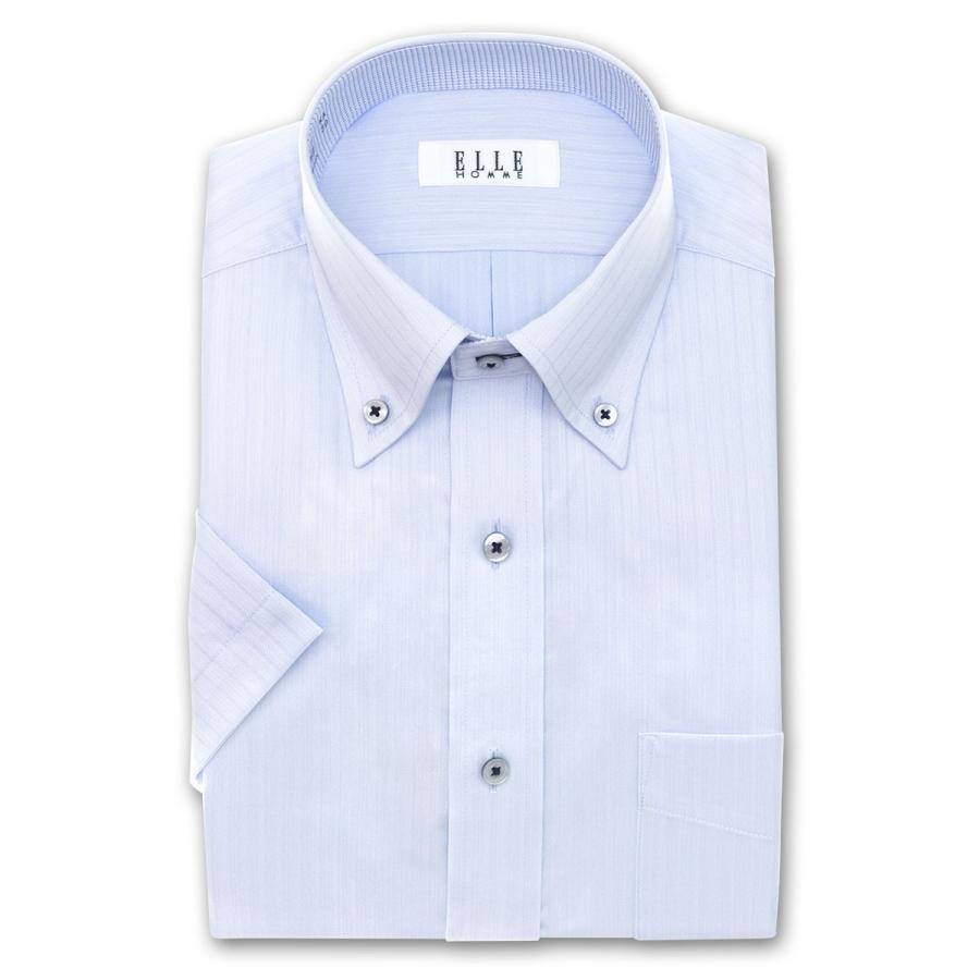 限定モデル ワイシャツ Yシャツ メンズ 半袖 ELLE HOMME 2106ft 2106scs ボタンダウンシャツ 形態安定加工 ブルードビーストライプ SEAL限定商品