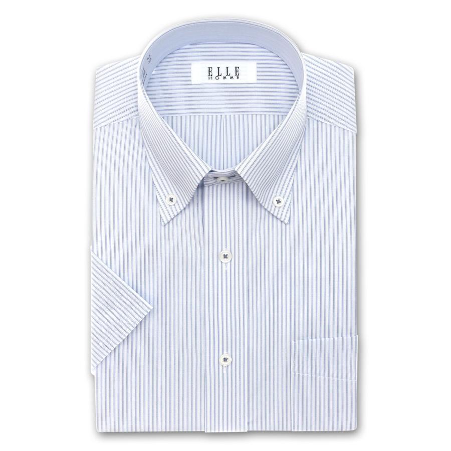 ワイシャツ Yシャツ メンズ 半袖 希望者のみラッピング無料 ELLE 休日 HOMME ブルーストライプ ボタンダウンシャツ 2106scs 2106ft 形態安定加工