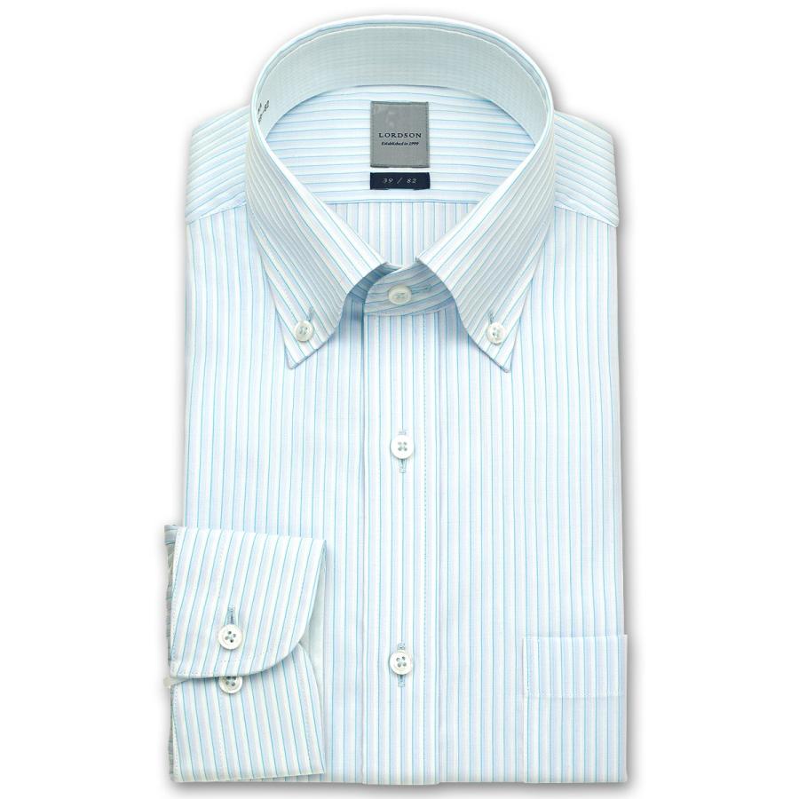 ワイシャツ Yシャツ メンズ 長袖 LORDSON 綿100％ 形態安定加工 標準体 ブルー系ストライプ ボタンダウン ドレスシャツ おしゃれ