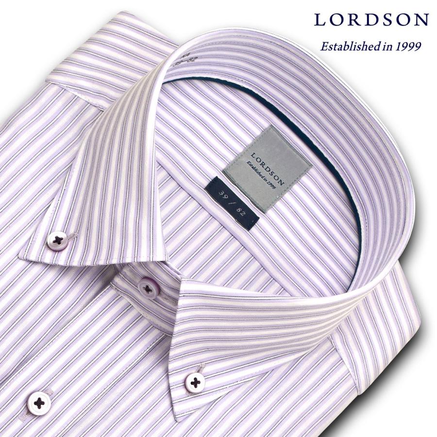 ワイシャツ Yシャツ メンズ 長袖 LORDSON 綿100％ 形態安定加工 標準体 パープルストライプ ショートボタンダウン ドレスシャツ おしゃれ｜choyashirts｜02