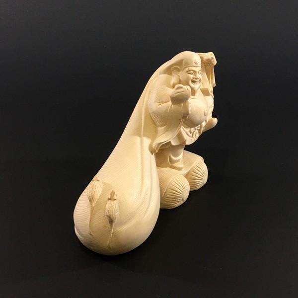 大黒天像 福ねずみを従えた 高さ15.6cm 木彫 太極図と四神を彫刻 箱台