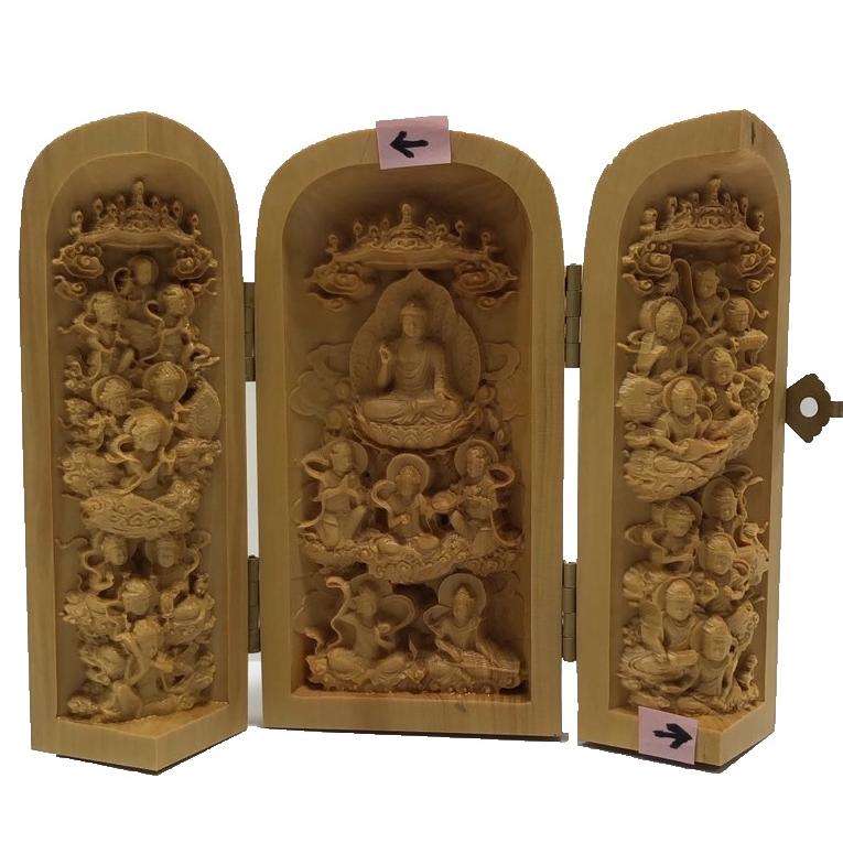 釈迦如来25菩薩来迎 仏龕 巾着袋付 訳あり アウトレット 木彫