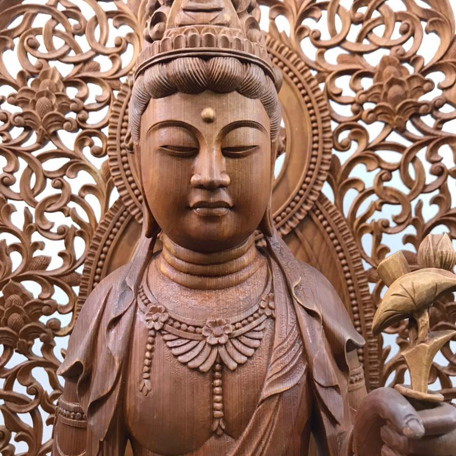 仏教美術 木彫金彩 浄瓶観音菩薩像 仏像 在銘 N 4753 - 美術品