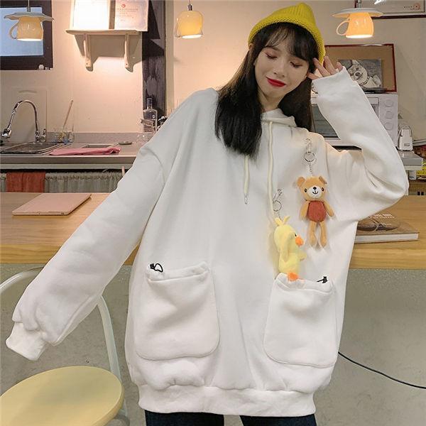 パーカー レディース プルオーバー 長袖 トップス フード付き ぬいぐるみ付き トレーナー カジュアル 春秋 秋物 送料無料 秀逸