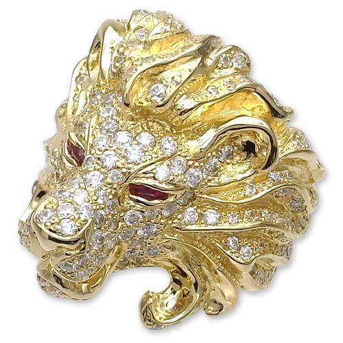 【KING LIMO　キングリモ　Ring　リング】ライオンヘッドリング/18Kゴールドプレートw/パヴェCZ＆ルビー【送料無料】の画像