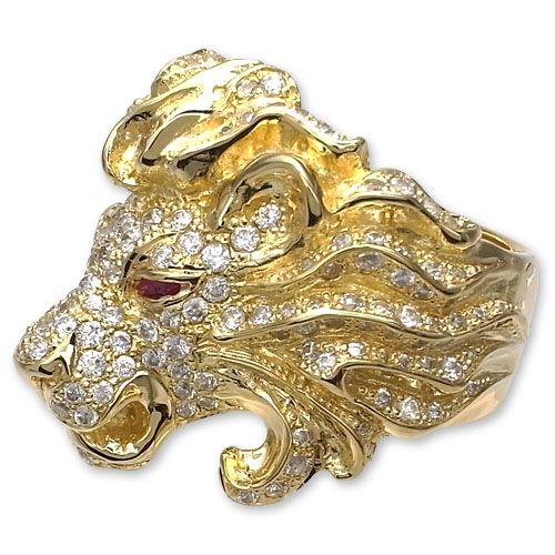 【KING LIMO　キングリモ　Ring　リング】ライオンヘッドリング/18Kゴールドプレートw/パヴェCZ＆ルビー【送料無料】の画像