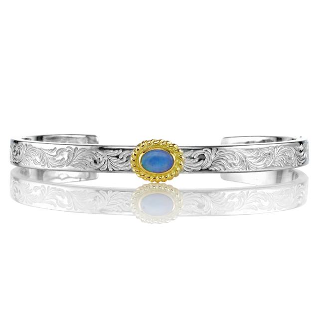 【鷲見太郎　BRACELET　ブレスレット】アラベスクデザイン5mmバングル w/イーグルスタンプw/オパールK18イエローゴールドカップ/オーバル5×7【送料無料】の画像