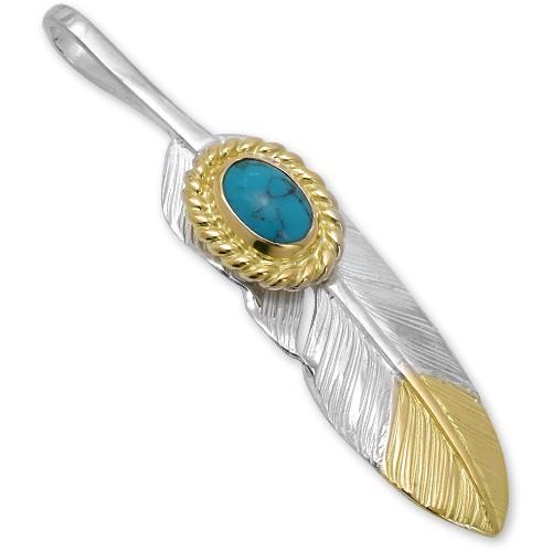 【鷲見太郎　Pendant　ペンダント】SフェザーフェザーK18イエローゴールドトップペンダント02 w/ターコイズK18カップ/オーバル5×7【送料無料】の画像