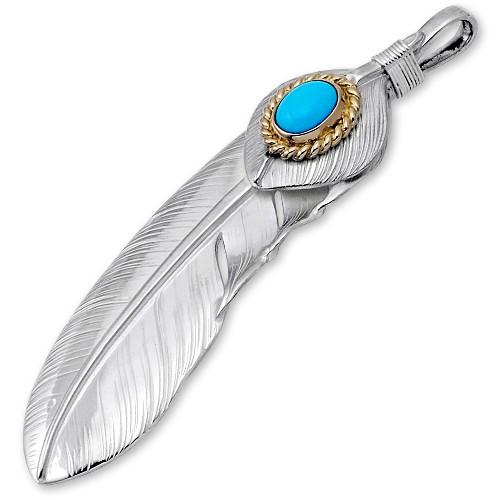【鷲見太郎　Pendant　ペンダント】Lフェザー&ハートフェザーペンダント01 w/ターコイズK18カップ/オーバル6×8【送料無料】の画像