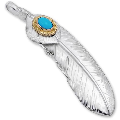 【鷲見太郎　Pendant　ペンダント】Lフェザー&ハートフェザーペンダント02 w/ターコイズK18カップ/オーバル6×8【送料無料】の画像