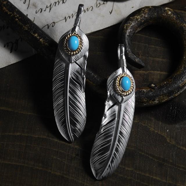 【鷲見太郎　Pendant　ペンダント】Lフェザー&ハートフェザーペンダント02 w/ターコイズK18カップ/オーバル6×8【送料無料】の画像