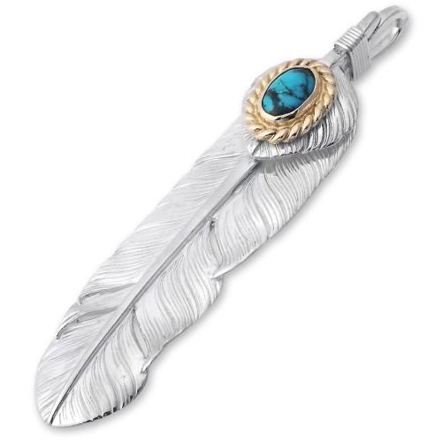 【鷲見太郎　Pendant　ペンダント】Mフェザー&ハートフェザーペンダント01 w/ターコイズK18カップ/オーバル5×7【送料無料】の画像