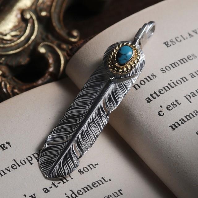 【鷲見太郎　Pendant　ペンダント】Mフェザー&ハートフェザーペンダント01 w/ターコイズK18カップ/オーバル5×7【送料無料】の画像