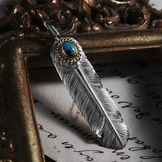 【鷲見太郎　Pendant　ペンダント】Mフェザー&ハートフェザーペンダント02 w/ターコイズK18カップ/オーバル5×7【送料無料】の画像