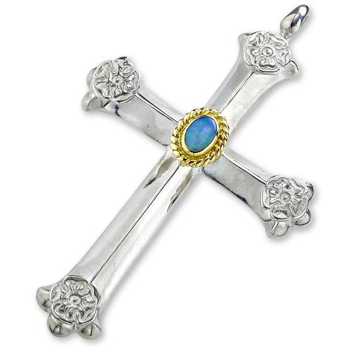 【鷲見太郎　Pendant　ペンダント】クロスペンダントw/オパールK18カップ/オーバル5×7 & 4Sフラワーメタル【送料無料】の画像