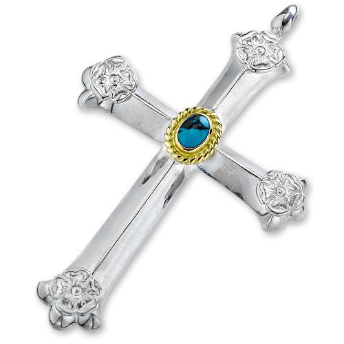 【鷲見太郎　Pendant　ペンダント】クロスペンダントw/ターコイズK18カップ/オーバル5×7 & 4Sフラワーメタル【送料無料】の画像
