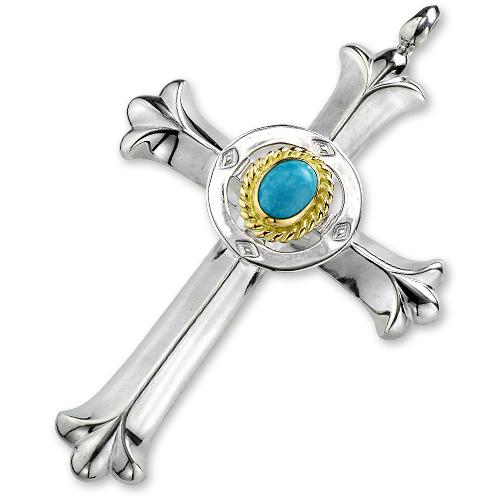 【鷲見太郎　Pendant　ペンダント】クロスペンダント w/ターコイズ6×8, K18YGカップ・オン・プレーンメディシンホイール【送料無料】の画像