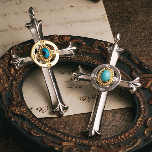 【鷲見太郎　Pendant　ペンダント】クロスペンダント w/ターコイズ6×8, K18YGカップ・オン・プレーンメディシンホイール【送料無料】の画像