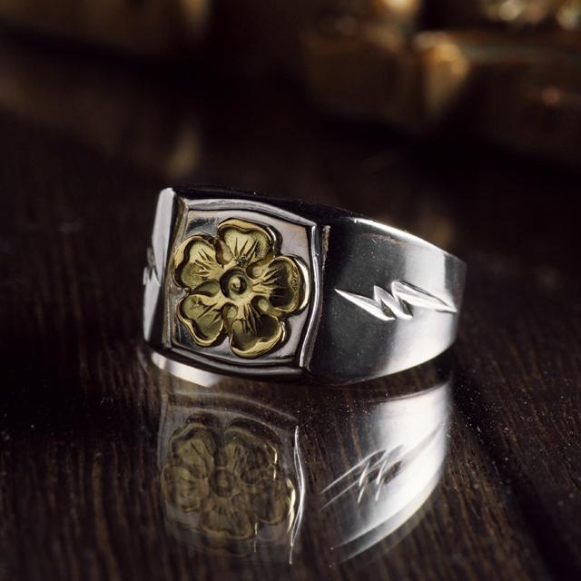 鷲見太郎 Ring リング】印台リング w/M K18フラワーメタル【送料