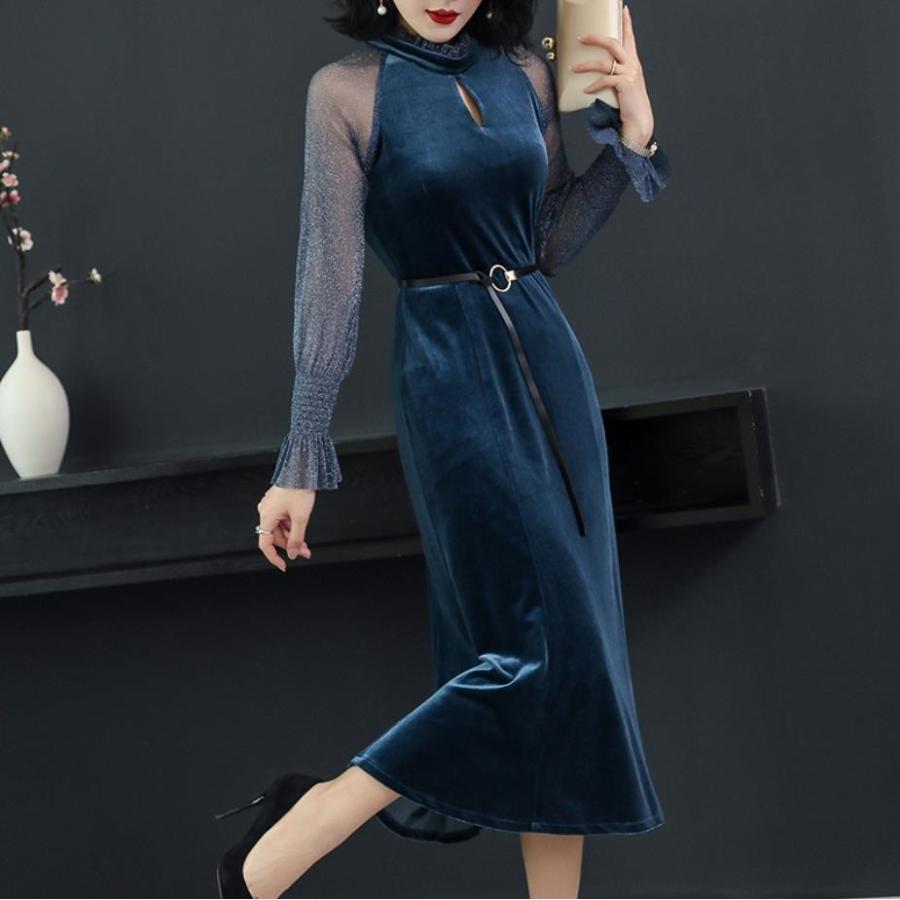 クーポンget パーティードレス 韓国 結婚式 代 ベロア 30代 40代 個性的 50代 ワンピース 青 フォーマルワンピース ベルベット 膝丈 ベロア 青 上品 お呼ばれ 個性的 Nz001 Chu Chu 直送品大感謝価格の