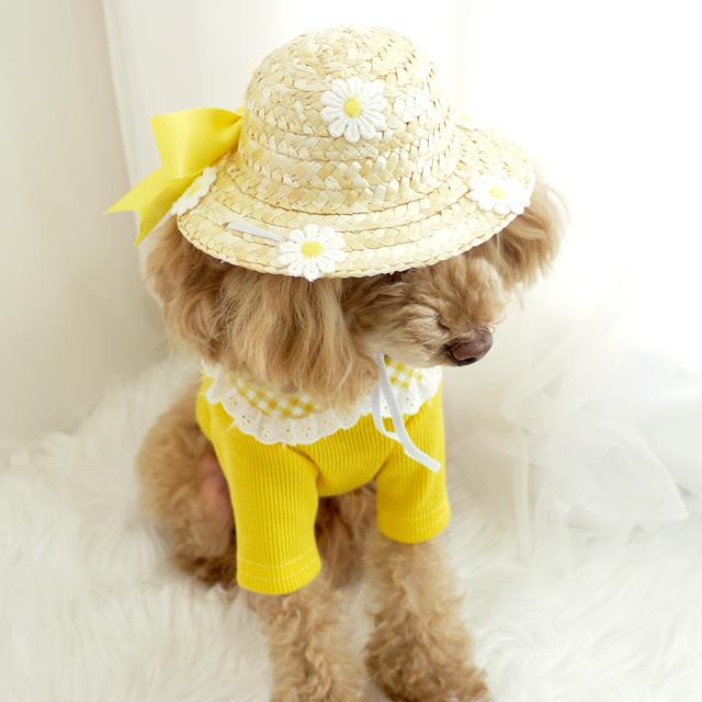 お花とレースの麦わら帽子 ペットハット ドッグウエア 小型犬 犬服