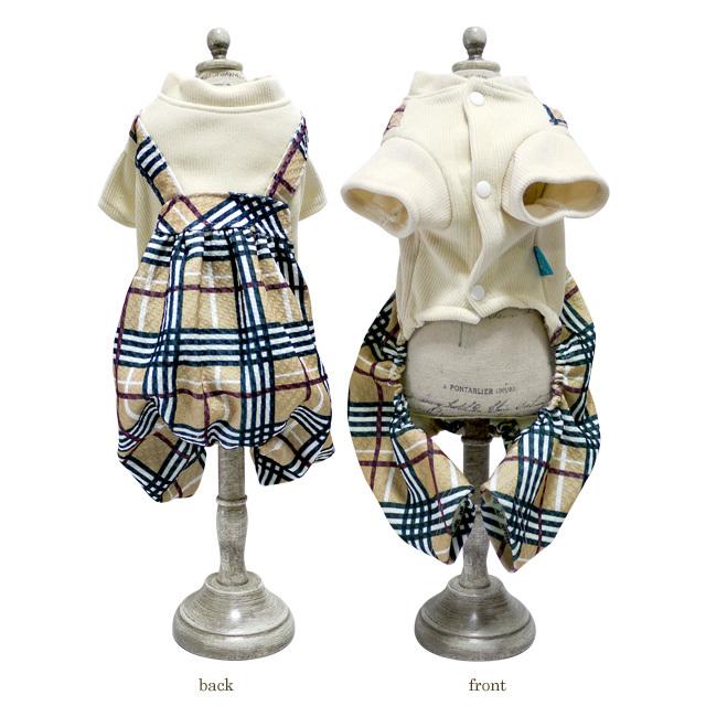 犬服 No.193 かすれ風チェックワンピース ハンドメイド 重ね着風チェック柄カバーオール ワンピース 小型犬用 ドッグ