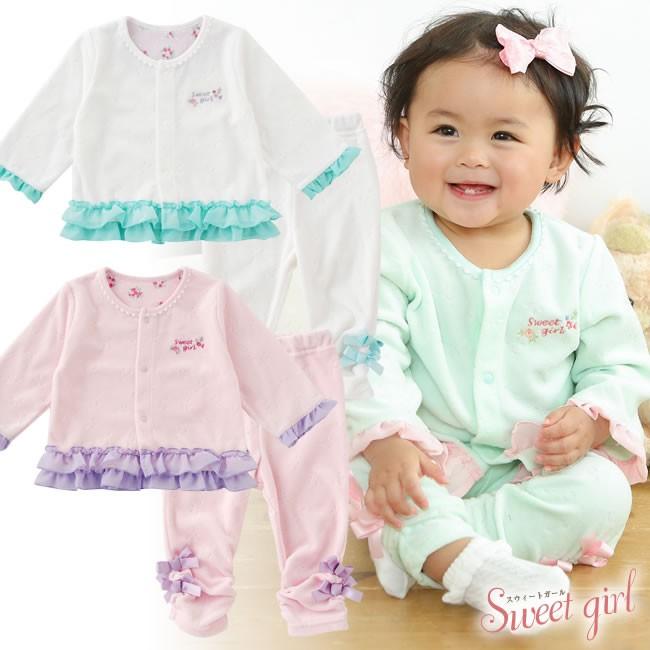 ベビー服 赤ちゃん 服 ベビー トップス 女の子 60 70 80 スウィートガール リボン柄ベロアトップス ズボンセット P3104 Chuckle 通販 Yahoo ショッピング