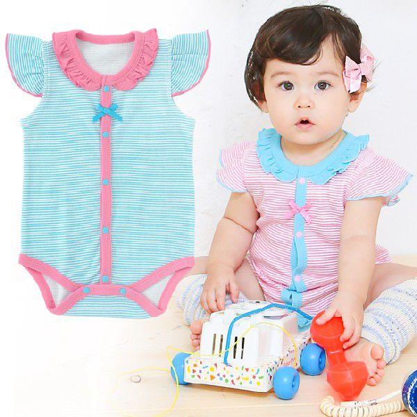 ベビー服 赤ちゃん 服 ベビー ロンパース 女の子 70 90 60 ボーダーりぼんフリル袖前開きロンパース 80 お得