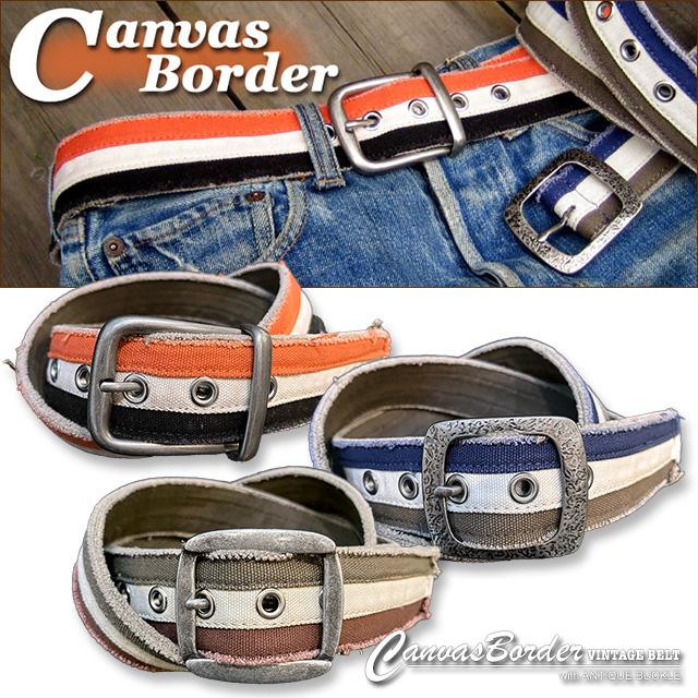 《半額SALE》ベルト メンズ レディース 男女兼用 カジュアル ユーズド風 レザー フリー BELT ビンテージ加工 キャンバス ボーダー ベルト | ブランド登録なし