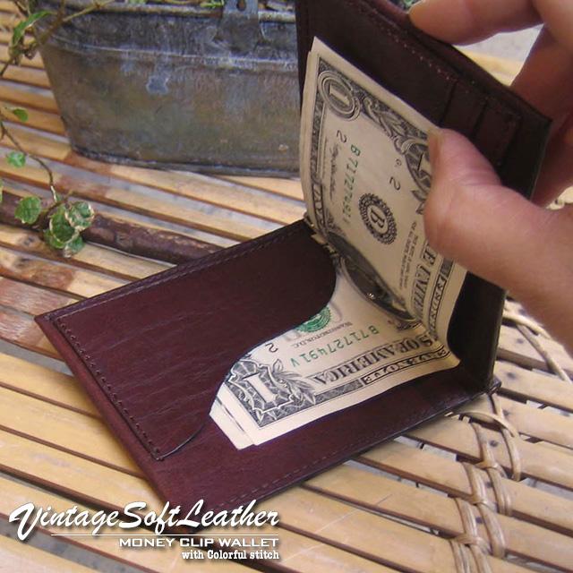 《半額セール 50％OFF》財布 牛革 本革 天然皮革 ２つ折り 札入れ カード入れ プレゼント ビンテージソフトレザー レザーステッチ マネークリップウォレット | ブランド登録なし | 07