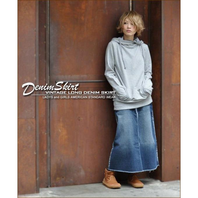 スカート デニムスカート ロンスカ ロング丈 マキシ スリット 大きいサイズ ゆったり ビンテージ加工 ストレッチデニム ロングスカート | CHUNKY FACTORY | 06