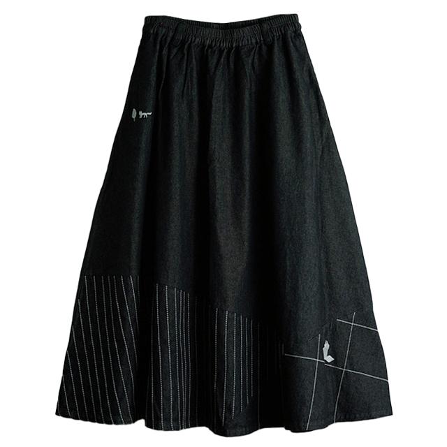 《30％OFFセール》ロングスカート ロンスカ 8oz デニム 体型カバー ゆったり 大人カワイイ 狐 北欧 イマゴ Emago.キツネ刺繍デニム ロングスカート | Emago | 14