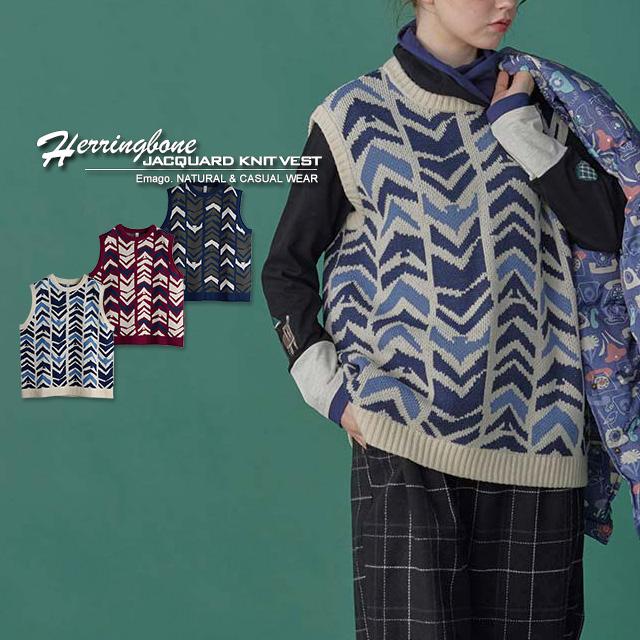 ニットベスト セーター 北欧 ジャカード ウール混 体型カバー 重ね着 ゆったり イマゴ Emago. ヘリンボーン鳥ジャガード ニットベスト | Emago