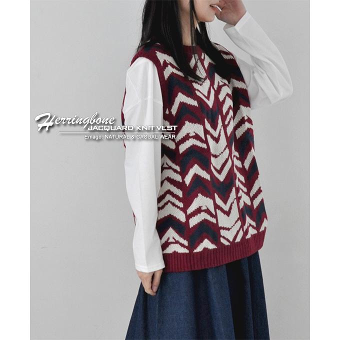 ニットベスト セーター 北欧 ジャカード ウール混 体型カバー 重ね着 ゆったり イマゴ Emago. ヘリンボーン鳥ジャガード ニットベスト | Emago | 05