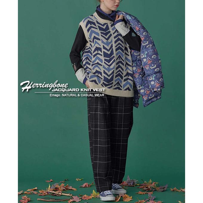 ニットベスト セーター 北欧 ジャカード ウール混 体型カバー 重ね着 ゆったり イマゴ Emago. ヘリンボーン鳥ジャガード ニットベスト | Emago | 06
