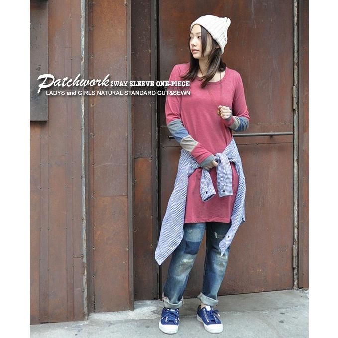 ワンピース チュニック 指穴 カットソー 指抜き 長袖 隠れる 体型カバー パッチワーク袖切替2WAY隠し指穴付ワンピース | CHUNKY FACTORY | 16