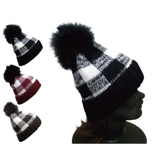 ニット帽 ファー ぼんぼん付き チェック柄 ニットキャップ ポンポン