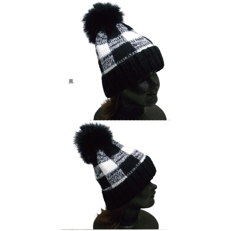 ニット帽 ファー ぼんぼん付き チェック柄 ニットキャップ ポンポン