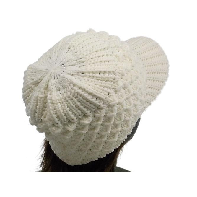 ニットキャップ 白 アクリル デザイン編み つば付きニット帽 ビーニー