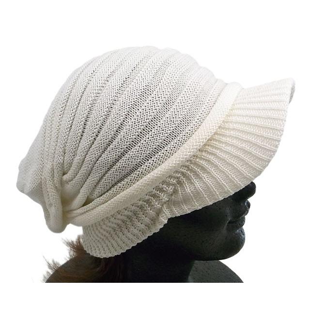 ニットキャップ 白 コットン混 メンズ レディース つば付きニット帽