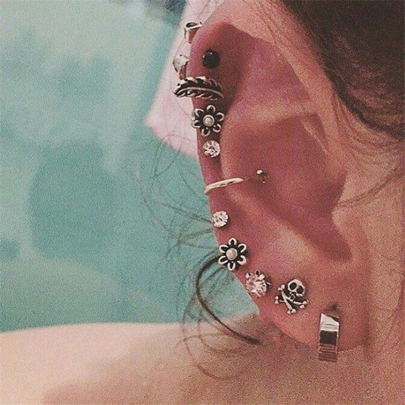 ピアス イヤーカフ 9個セット リーフ 花 スカル クリスタル ピアス イヤーカフ 9個セット リーフ 花 スカル クリスタル