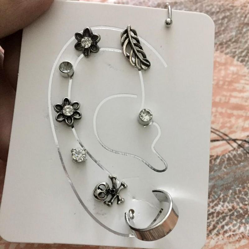 ピアス イヤーカフ 9個セット リーフ 花 スカル クリスタル ビジュー
