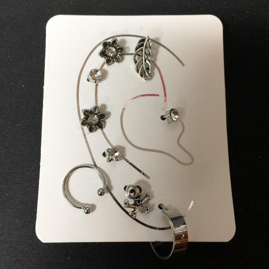 ピアス イヤーカフ 9個セット リーフ 花 スカル クリスタル ビジュー