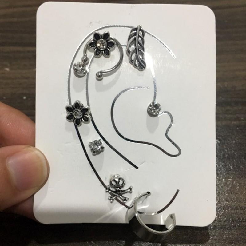 ピアス イヤーカフ 9個セット リーフ 花 スカル クリスタル ビジュー
