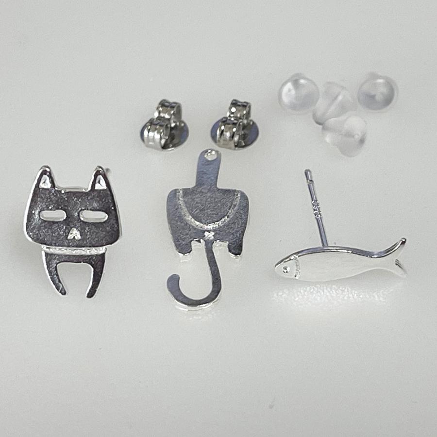 ピアス ねこ ネコ 猫 ぶらさがり シルバーピアス にゃんこ 魚 かわいい カワイイ シルバー S925 アシメ 猫好き さかな アクセサリー 猫のアクセサリー｜chura-net｜02