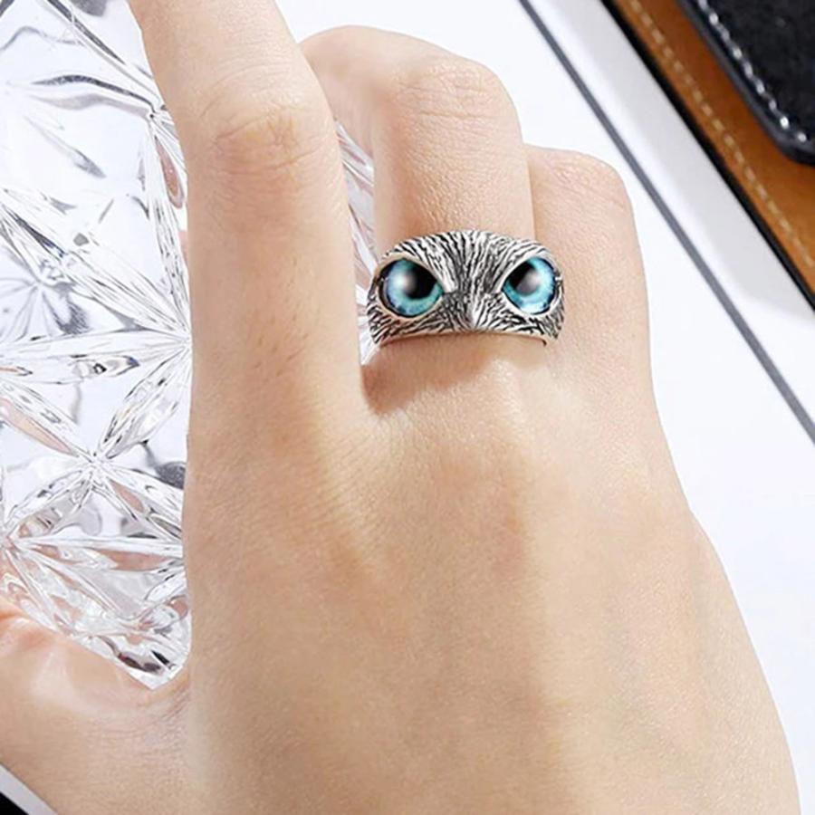 72%OFF!】 フクロウリング フリーサイズ シルバー アクセサリー 指輪 ブルーアイ 梟