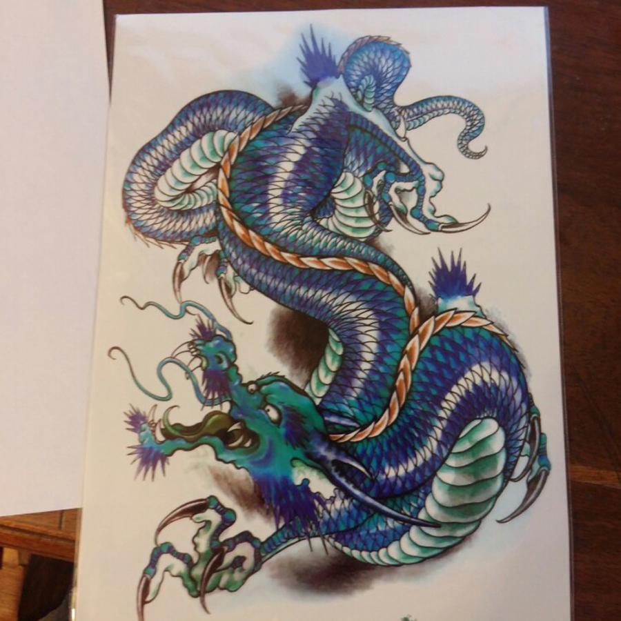 タトゥーシール 本物 リアル 大判 防水 刺青 龍 竜 ドラゴン カラー 青