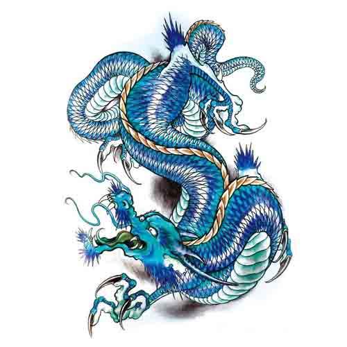 タトゥーシール 本物 リアル 大判 防水 刺青 龍 竜 ドラゴン カラー 青